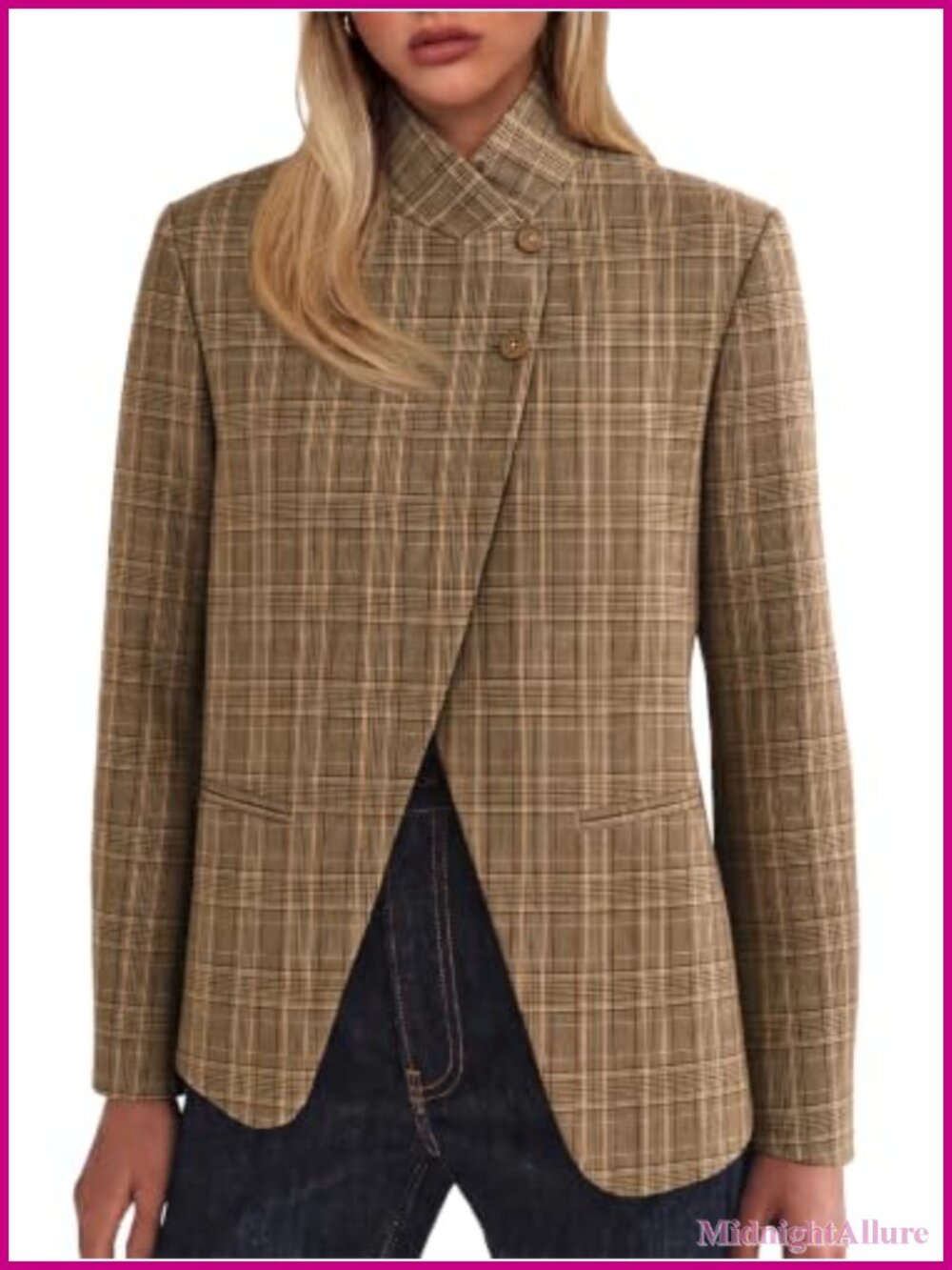 Womens Plaid Blazer Stand Collar Button Suit Jacket Business Work